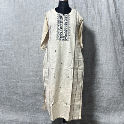 Handwoven Khadi Cotton Kurta Pant Set with Navy Blue Thread Embroidery – Elegant Everyday Wear