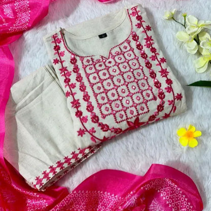 Nandu - Khadi Cotton Salwar Suit - White and Pink | Threads & Twirls