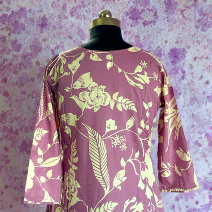 Mauve Floral Cotton Coord Set for Women – V-Neck Kurtha with Matching Pant | Office & Daily Wear