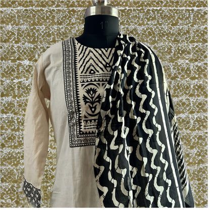 Elegant White Cotton Salwar Suit with Black Printed Dupatta & Matching Pant