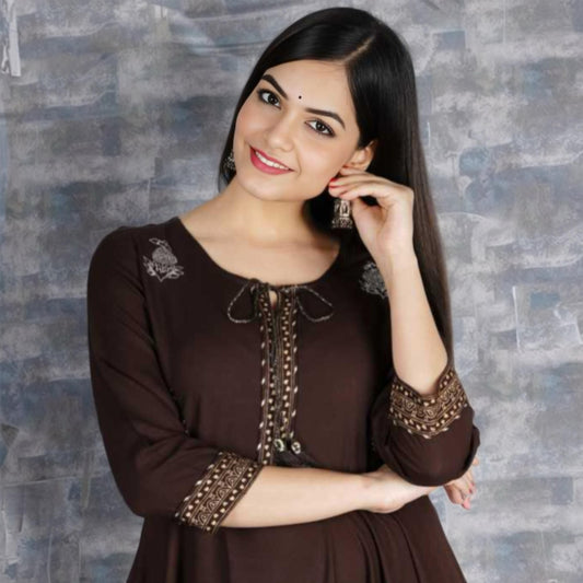 Chocolate Brown Rayon Anarkali Kurta with 3/4 Sleeves – Elegant Ethnic Wear for Women | Threads & Twirls