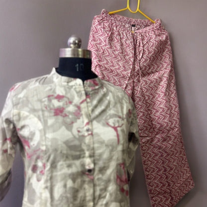 Grey Floral Printed Coord Set – Soft Cotton Casual Wear for Women