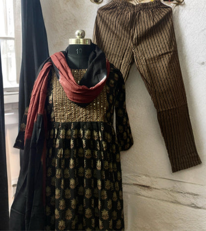 Black Cotton Gold Printed Suit Set | Pant & Dual Tone Dupatta