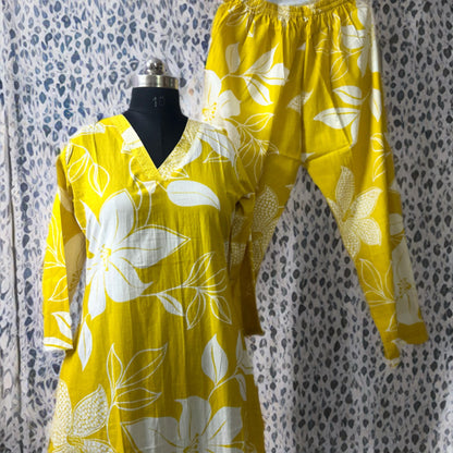 Sunshine Yellow Cotton Coord Set with Bold White Floral Prints – Comfortable & Stylish Daywear