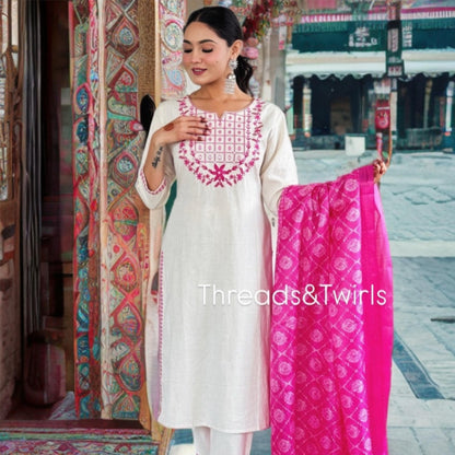 Nandu - Khadi Cotton Salwar Suit - White and Pink | Threads & Twirls