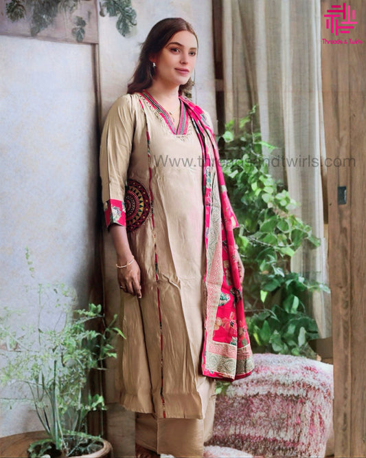 Beige Salwar Suit with Red Floral Dupatta, Embroidered Dual Pockets & Palazzo Pant