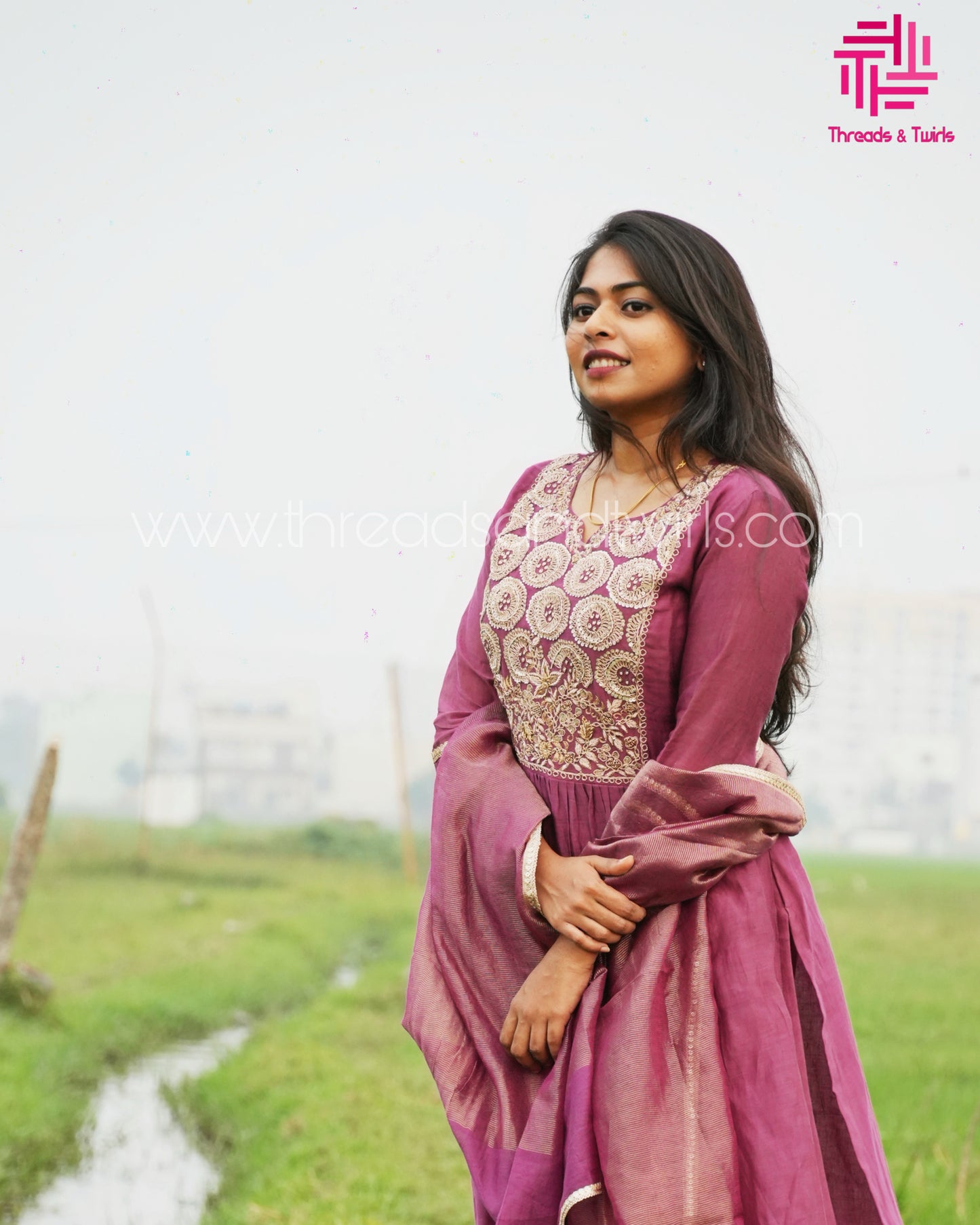 Wine Mul Chanderi Salwar Suit with Embroidered Yoke | Threads & Twirls