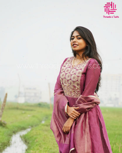 Wine Mul Chanderi Salwar Suit with Embroidered Yoke | Threads & Twirls
