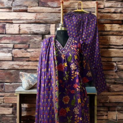 Purple Floral Cotton Suit Set with Embroidered Neckline | Pant & Dupatta Included