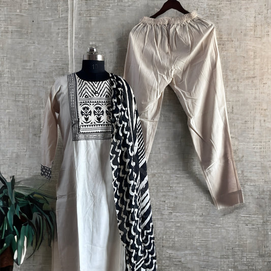 Elegant White Cotton Salwar Suit with Black Printed Dupatta & Matching Pant