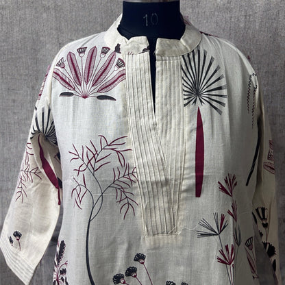 Cream Printed Cotton Coord Set with Stand Collar | Threads & Twirls