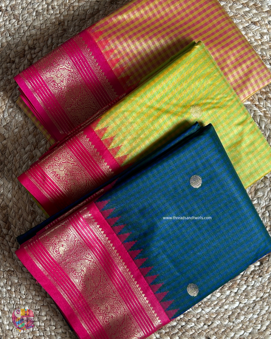 Kanchi Semi Silk Checked Saree with Contrast Blouse & Pallu – Mriksha Sarees