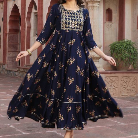 Printed Anarkali Kurta - Navy Blue | Threads & Twirls