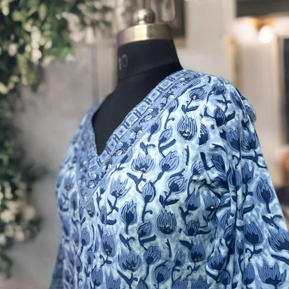 Indigo Blue Cotton Printed Kurta Pant Set with Dupatta – Elegant Floral & Geometric Design