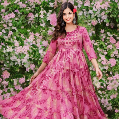 Printed Anarkali Kurta - Onion pink | Threads & Twirls