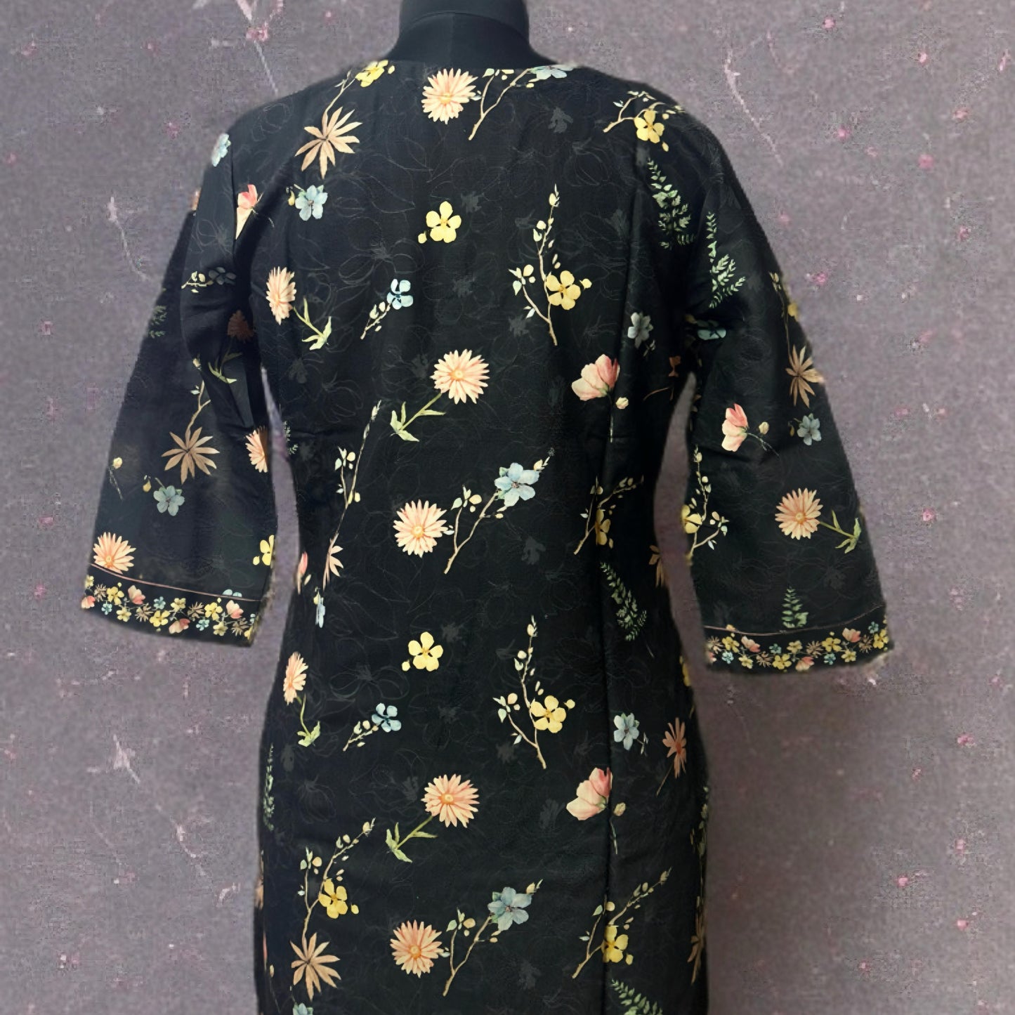 Black Floral Printed Linen Cotton Kurta Pant Set with Embroidered Yoke & Printed Dupatta – Elegant Festive Wear