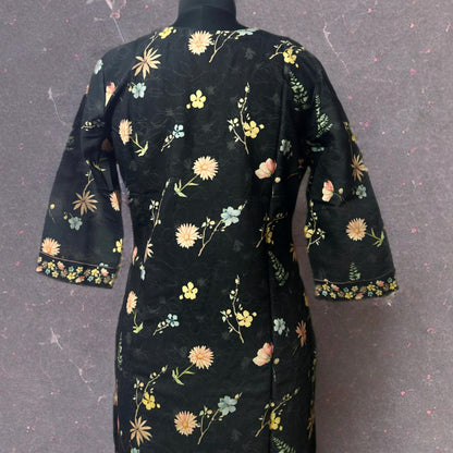 Black Floral Printed Linen Cotton Kurta Pant Set with Embroidered Yoke & Printed Dupatta – Elegant Festive Wear