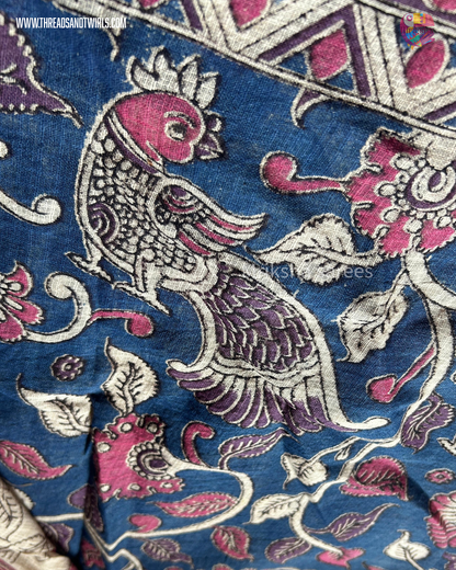Kota Kalamkari Saree in Blue with Peacock Pallu & Contrast Beige Floral Blouse | Mriksha Sarees