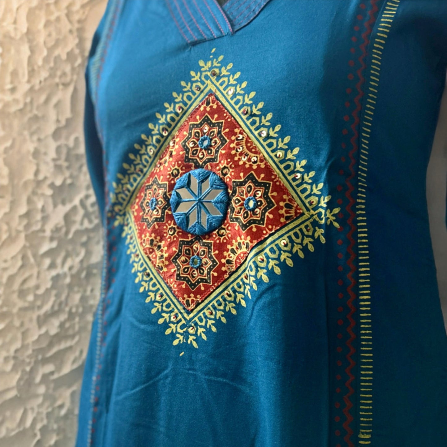 Teal Blue A-Line Rayon Kurta Set with Kalamkari Patchwork, Mirror & Block Print Detailing