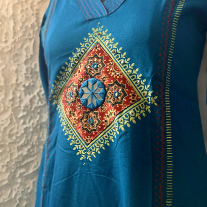Teal Blue A-Line Rayon Kurta Set with Kalamkari Patchwork, Mirror & Block Print Detailing