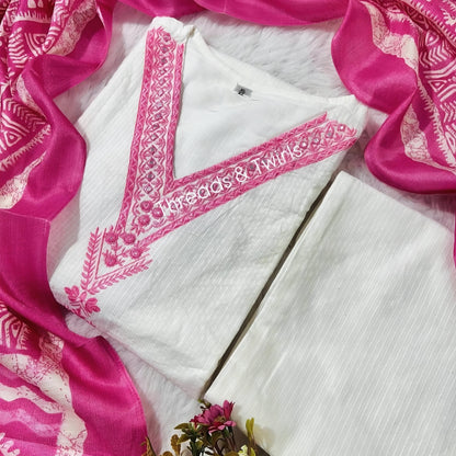 Lavanya - Flex Cotton Suit Set - White and Pink | Threads & Twirls