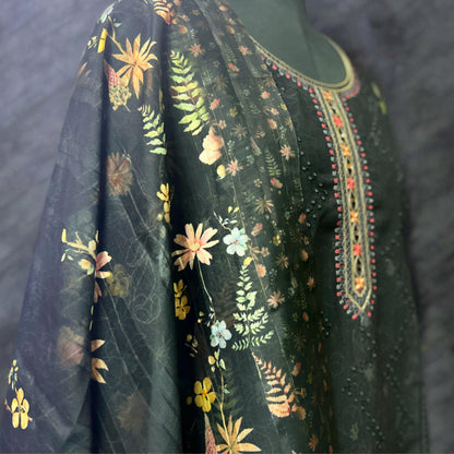 Black Floral Printed Linen Cotton Kurta Pant Set with Embroidered Yoke & Printed Dupatta – Elegant Festive Wear