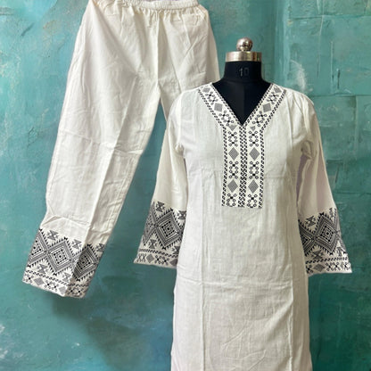 Pure White Cotton Coord Set with Black Tribal Embroidery
