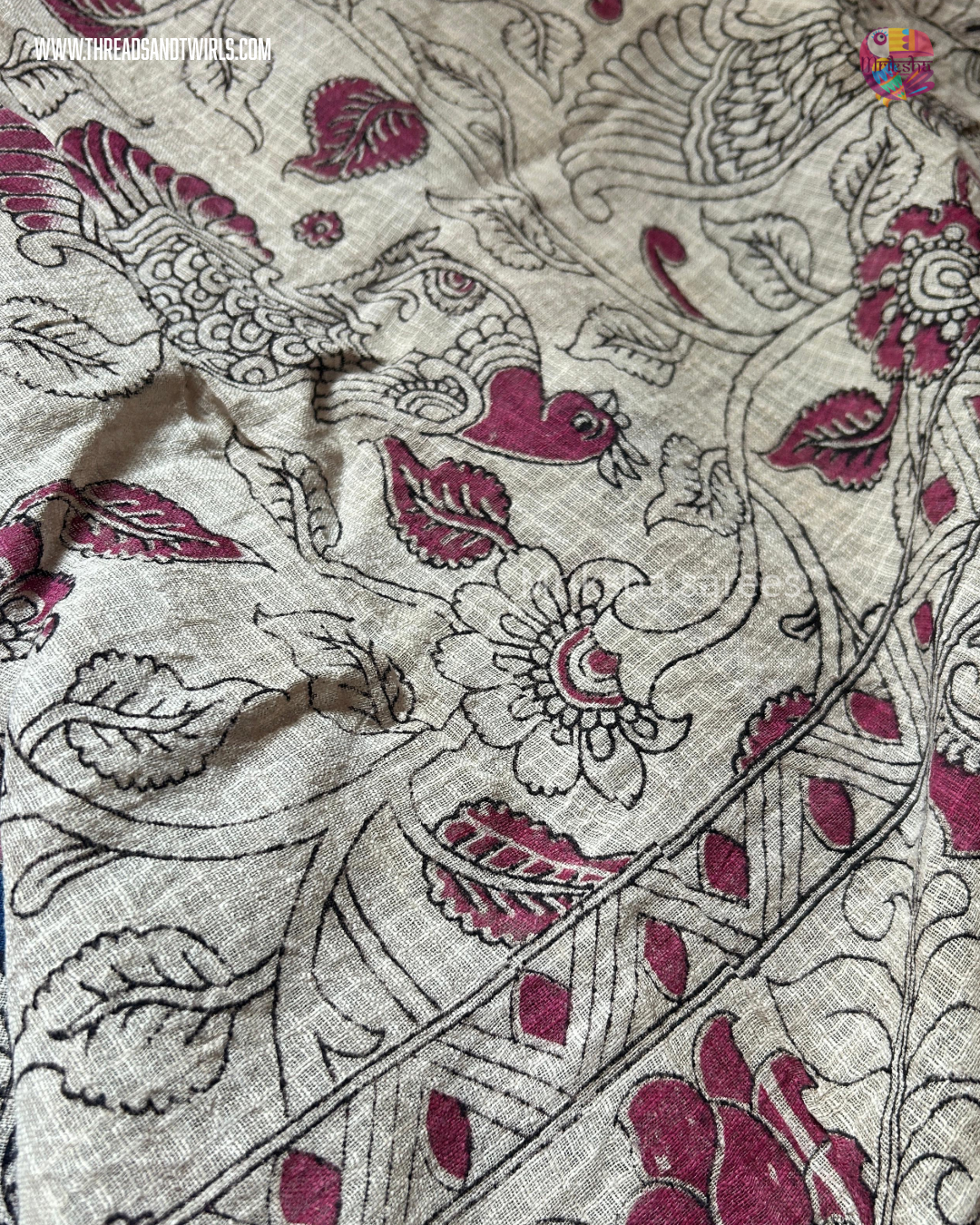 Kota Kalamkari Saree in Blue with Peacock Pallu & Contrast Beige Floral Blouse | Mriksha Sarees