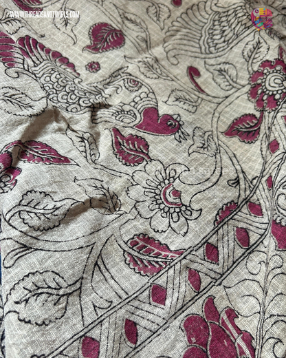 Kota Kalamkari Saree in Blue with Peacock Pallu & Contrast Beige Floral Blouse | Mriksha Sarees
