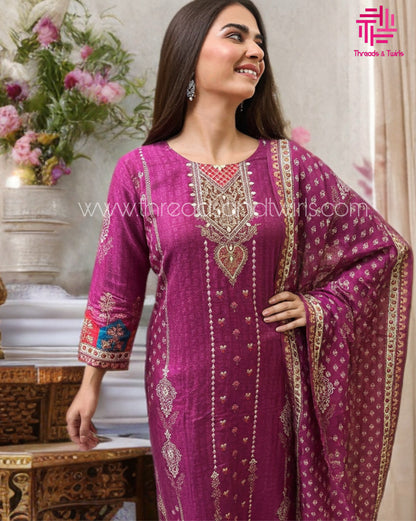 Purple Muslin Printed Salwar Suit with Matching Dupatta | Threads & Twirls