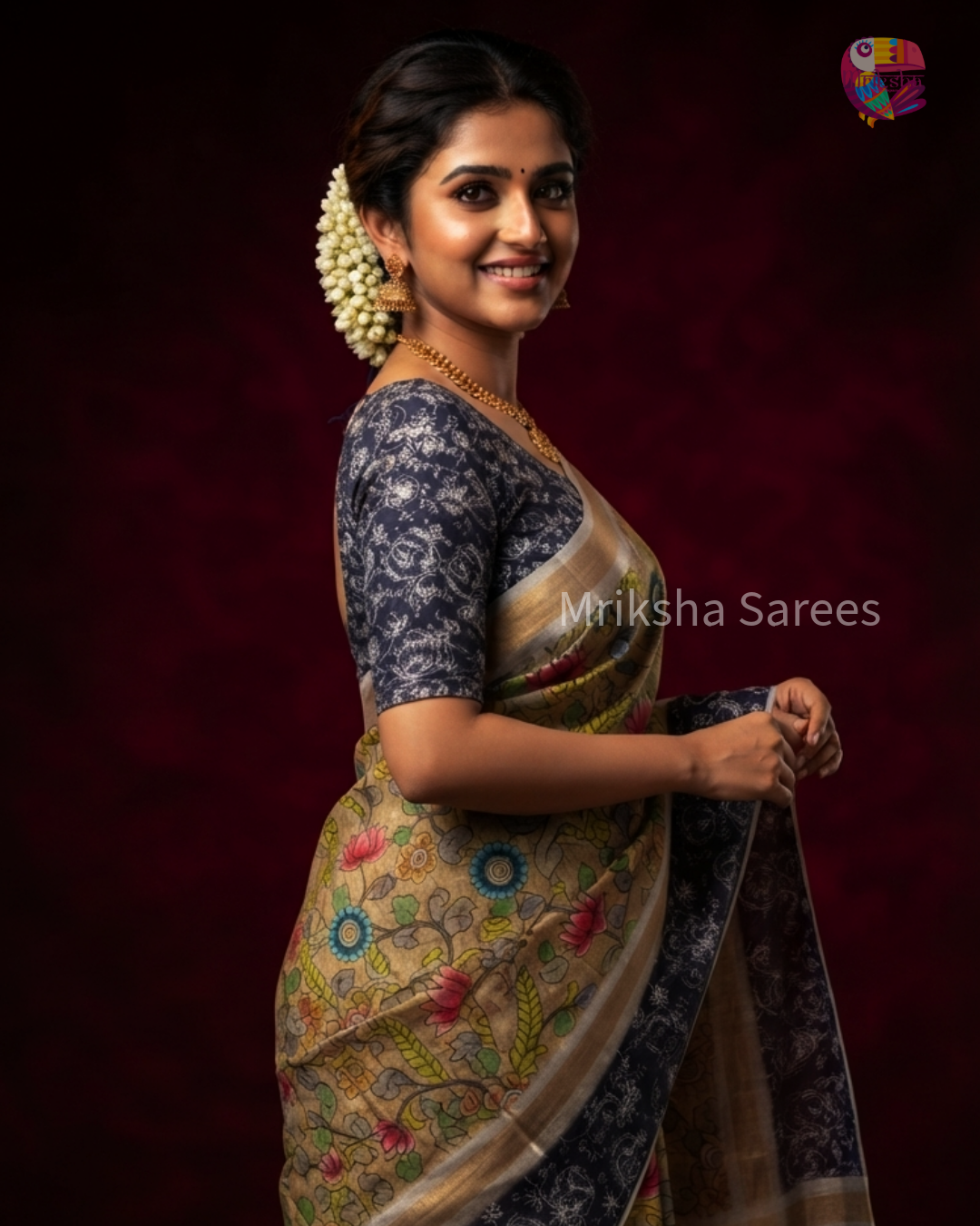 Mriksha Digital Printed Floral Saree with Contrast Blouse | Soft & Elegant | Threads & Twirls