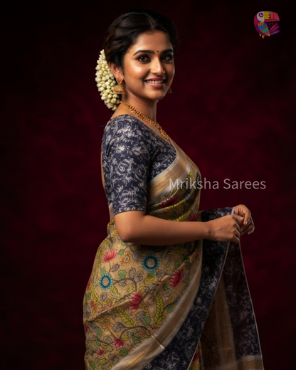 Mriksha Digital Printed Floral Saree with Contrast Blouse | Soft & Elegant | Threads & Twirls