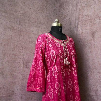 Pink Ikat Print Kurta Pant Set – Festive Cotton Ethnic Wear with Dupatta