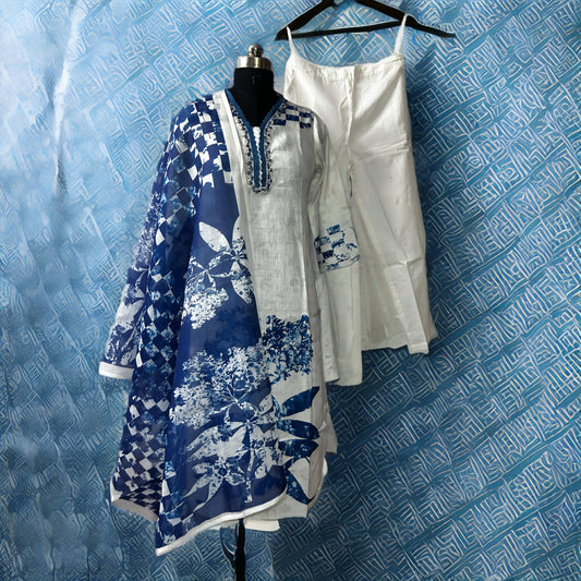 White Cotton Blend Salwar Suit with Blue Floral Print & Dupatta | Threads & Twirls