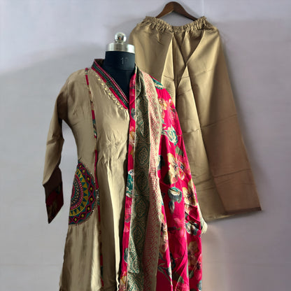 Beige Salwar Suit with Red Floral Dupatta, Embroidered Dual Pockets & Palazzo Pant