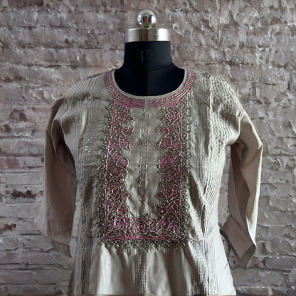 Silver Grey Roman Silk Salwar Suit with Contrast Pink Floral Dupatta & Embroidered Yoke