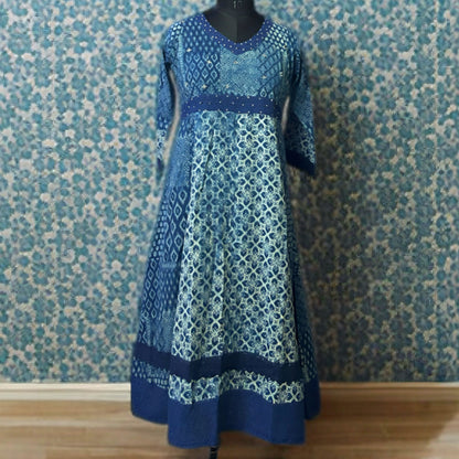 Indigo Blue and White Printed Anarkali Kurta with Solid Pant – Elegant Cotton Blend Set for Festive and Daily Wear