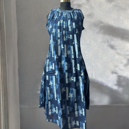 Indigo Halter Neck Cotton Kurti with Pocket & Attachable Sleeves – Pleated Floral Print