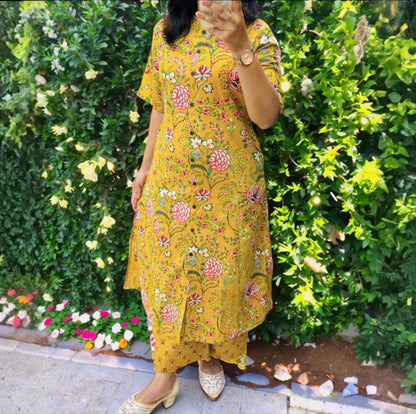 Floral Design Kurta Pant Set - Yellow | Threads & Twirls