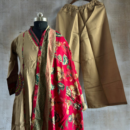 Beige Salwar Suit with Red Floral Dupatta, Embroidered Dual Pockets & Palazzo Pant