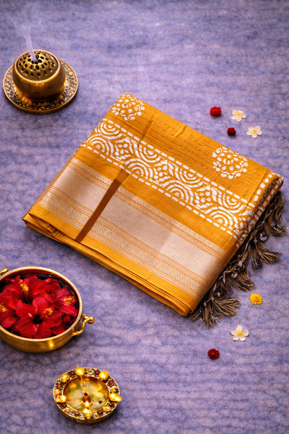 Batik Printed Saree with Kantha Work, Sequins & Zari Border | Mriksha Sarees