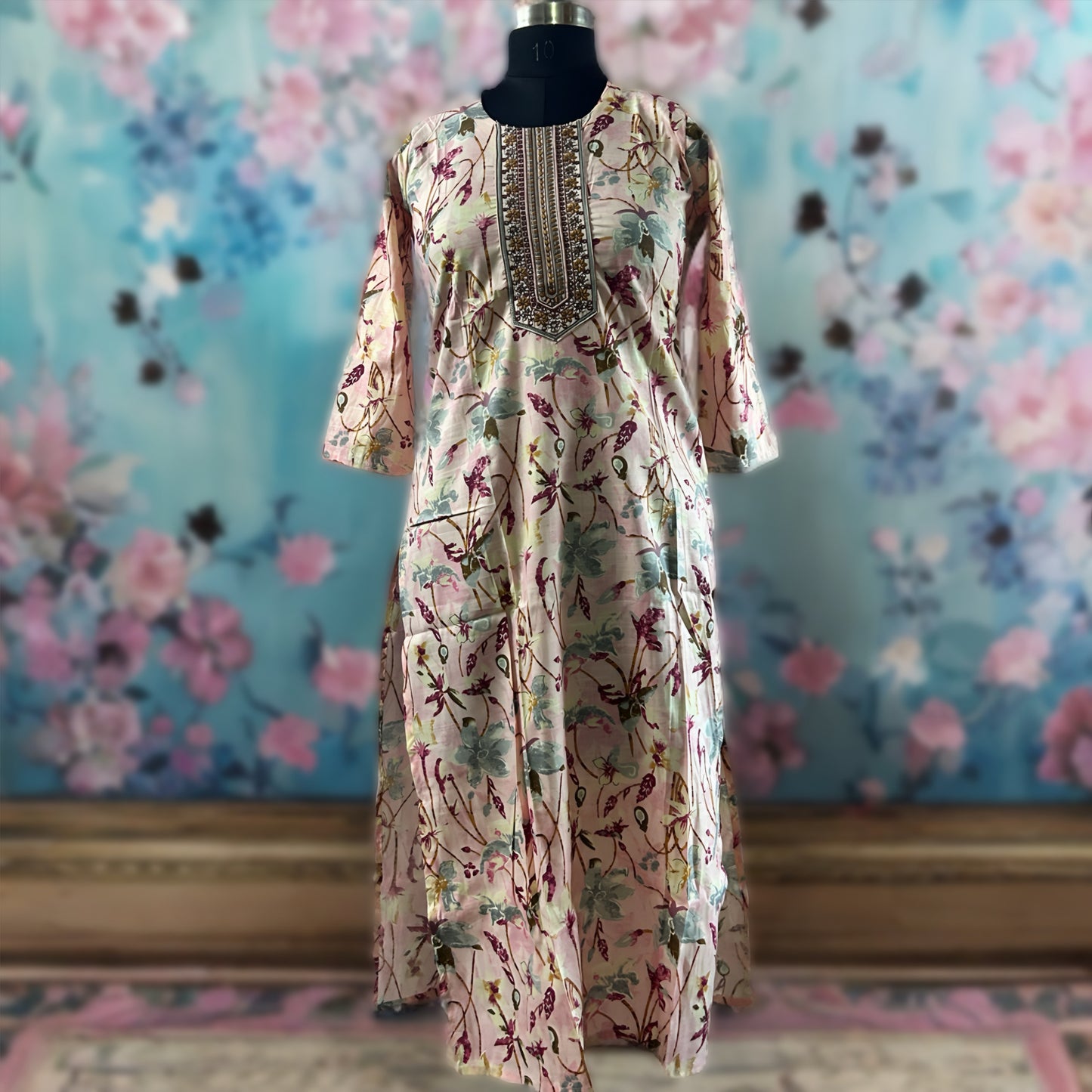Printed Cotton Salwar Suit with Gottapati Work – Green & Pink | Threads & Twirls