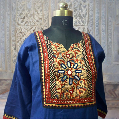 Navy Blue Straight Cut Suit with Kalamkari Neck Patch, Printed Pant & Dupatta