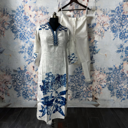 White Cotton Blend Salwar Suit with Blue Floral Print & Dupatta | Threads & Twirls