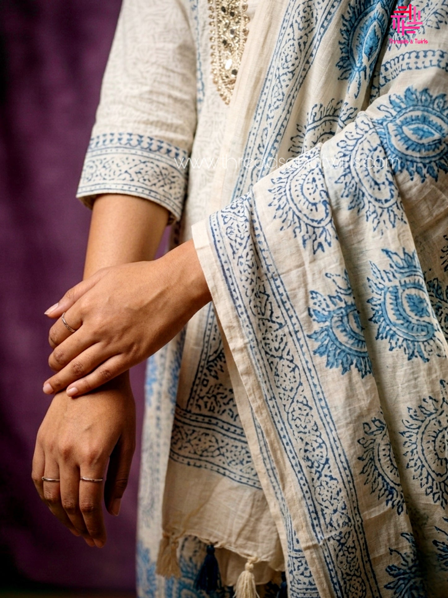 Ivory & Indigo Block Print Linen-Blend A-Line Princess Cut Salwar Suit Set | Threads & Twirls