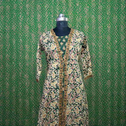 Elegant Kalamkari Green A-Line Suit with Embroidered Detailing