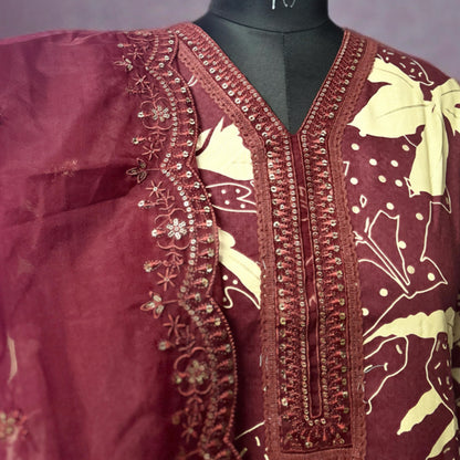 Maroon Beige Printed Cotton Kurta Pant Set with Embellished Yoke and Net Dupatta – Elegant Ethnic Wear