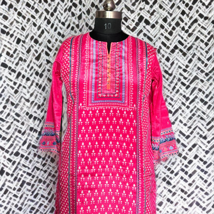 Pink Printed Rayon Kurtha Set with Pant & Dupatta | Threads & Twirls