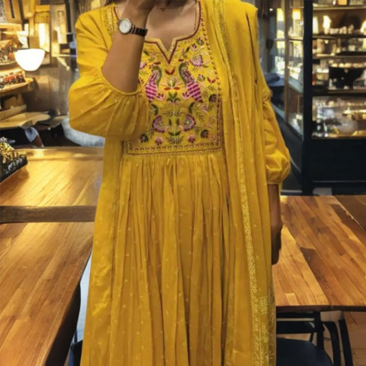 Mridula - Embroidered Cotton Suit Set - Mustard Yellow | Threads & Twirls