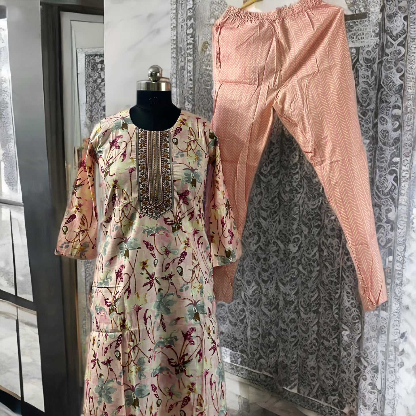 Printed Cotton Salwar Suit with Gottapati Work – Green & Pink | Threads & Twirls
